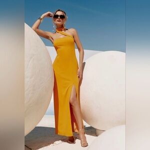 NWT - Lulus Seraphina Golden Yellow Asymmetrical Column Neck Slit Maxi Dress